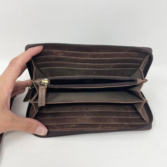 Elevate People Full-Grain Leather Wallet‎ Dark Brown Full Zip Wristlet Strap - Picture 6 of 7